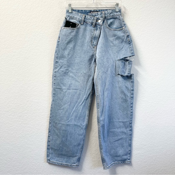 PrettyLittleThing Petite Baggy Jeans Asymmetric Waistband Boyfriend Size 4 - Picture 2 of 6